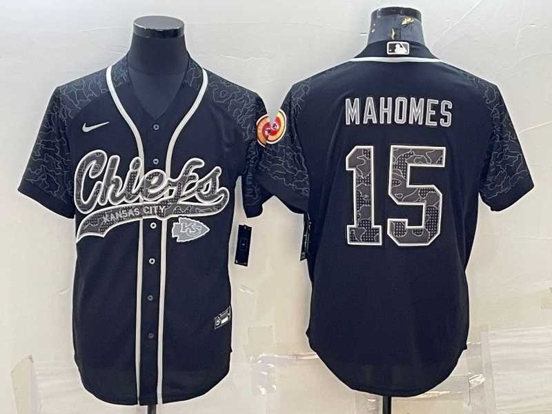 Men%27s Kansas City Chiefs #15 Patrick Mahomes Black Reflective With Patch Cool Base Stitched Baseball Jersey->kansas city chiefs->NFL Jersey